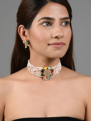 Navratna pendant pearl choker jewellery set 2