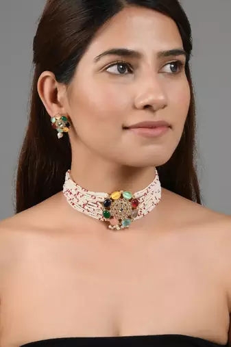 Navratna pendant pearl choker jewellery set