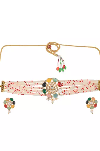Navratna pendant pearl choker jewellery set