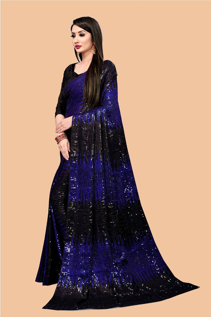 Clemira Blue Color Embellished Georgette Bollywood Saree With Blouse