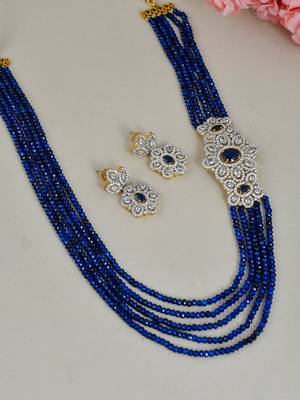 Sapphire blue long ranihar jewellery set with ad brooch 1