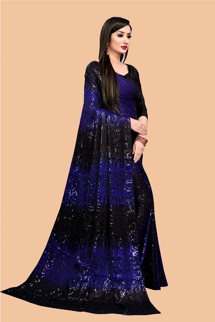 Clemira Blue Color Embellished Georgette Bollywood Saree With Blouse