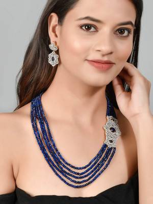 Sapphire blue long ranihar jewellery set with ad brooch 2
