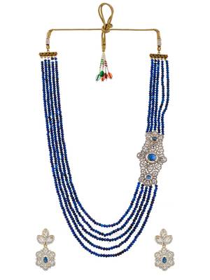 Sapphire blue long ranihar jewellery set with ad brooch 3