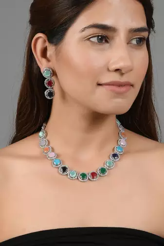 Multi color silver plated jewellery set