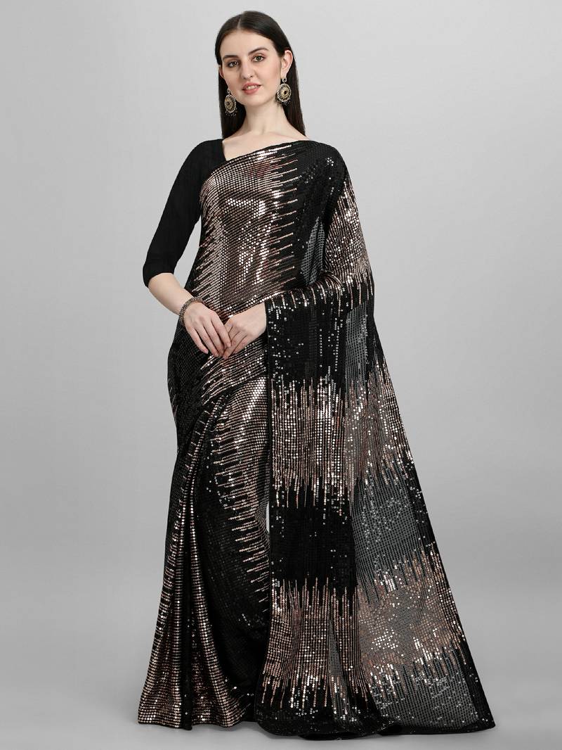 Clemira Gold Color Embellished Georgette Bollywood Saree With Blouse