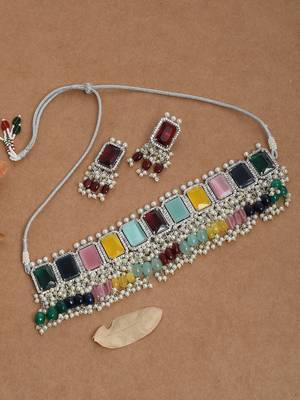 Multi color stone heavy choker jewellery set 1