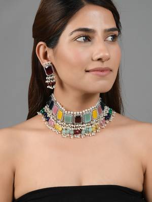 Multi color stone heavy choker jewellery set 2