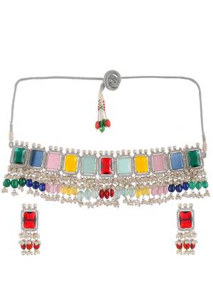 Multi color stone heavy choker jewellery set 3