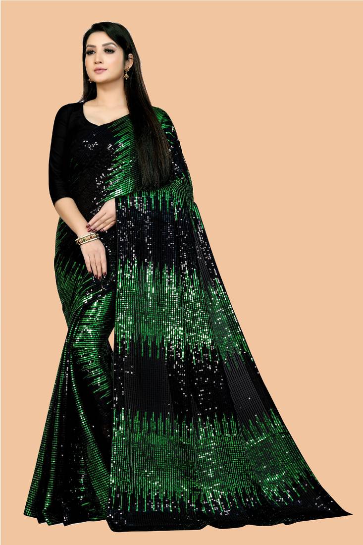 Clemira Green Color Embellished Georgette Bollywood Saree With Blouse