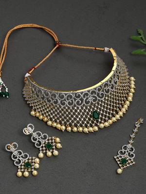 Bridal american diamond jewellery set with earrings and maangtikka 1