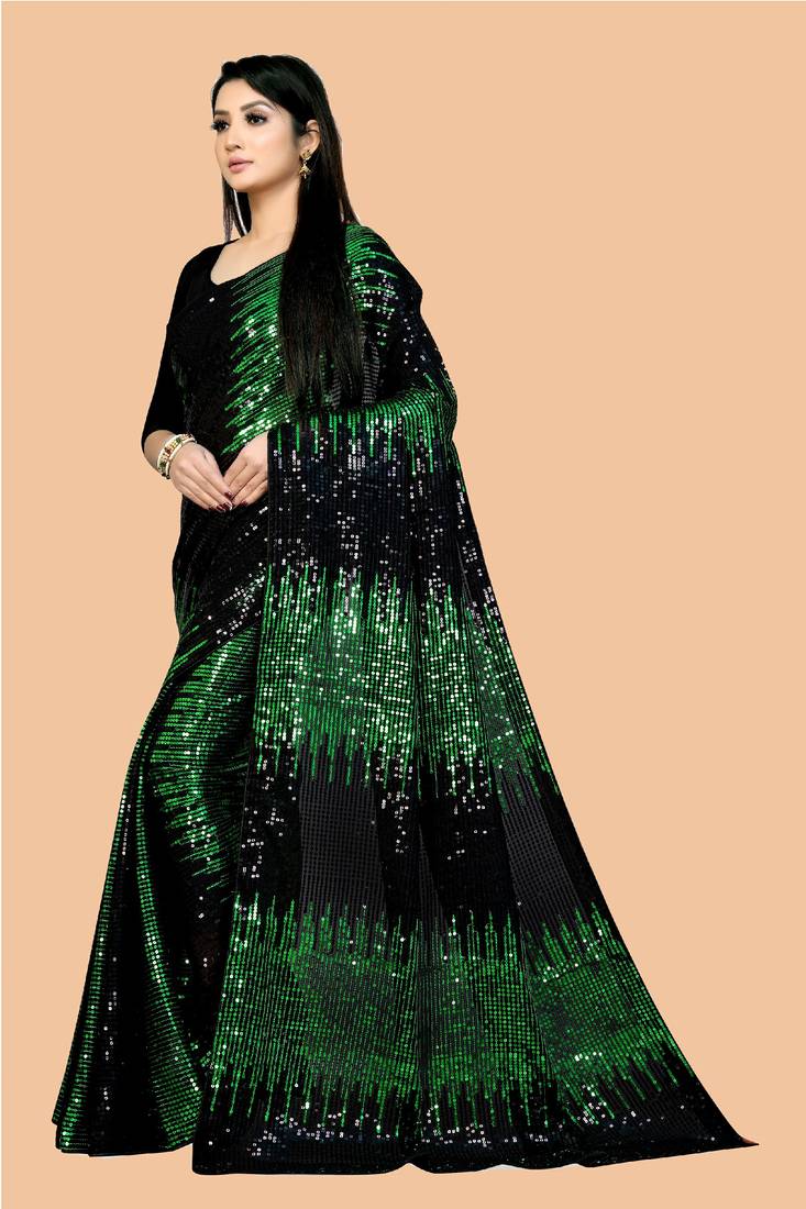 Clemira Green Color Embellished Georgette Bollywood Saree With Blouse