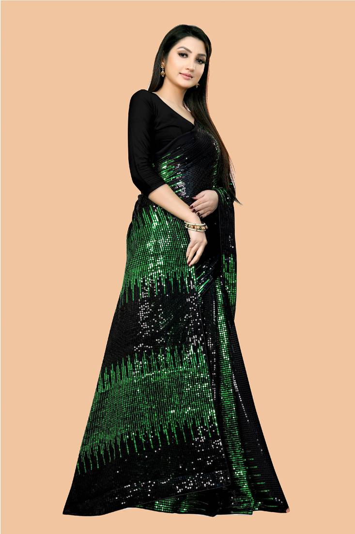 Clemira Green Color Embellished Georgette Bollywood Saree With Blouse