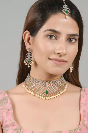 Bridal american diamond jewellery set with earrings and maangtikka