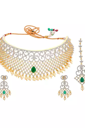 Bridal american diamond jewellery set with earrings and maangtikka