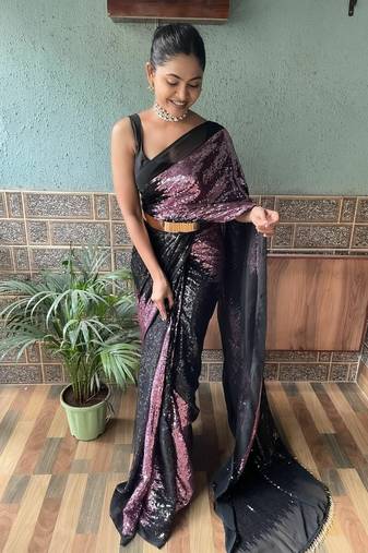 Clemira Purple Color Embellished Georgette Bollywood Saree With Blouse