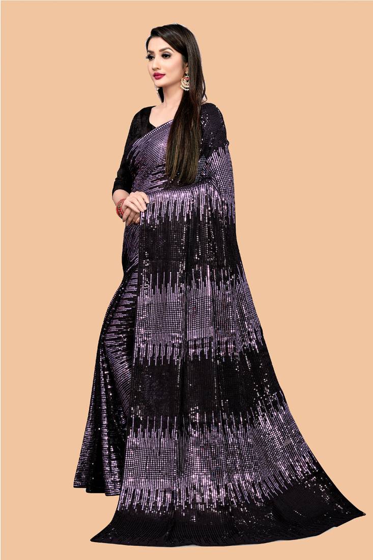 Clemira Purple Color Embellished Georgette Bollywood Saree With Blouse