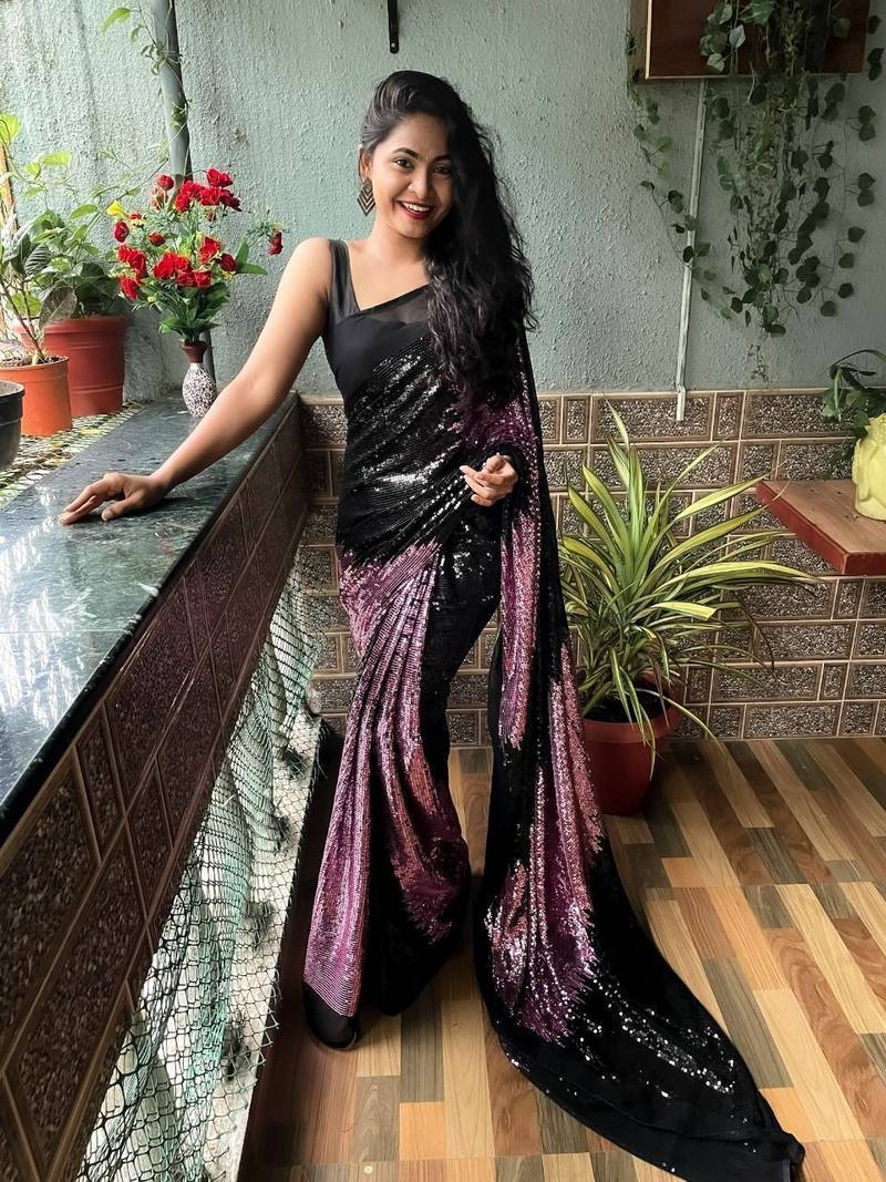 Clemira Purple Color Embellished Georgette Bollywood Saree With Blouse