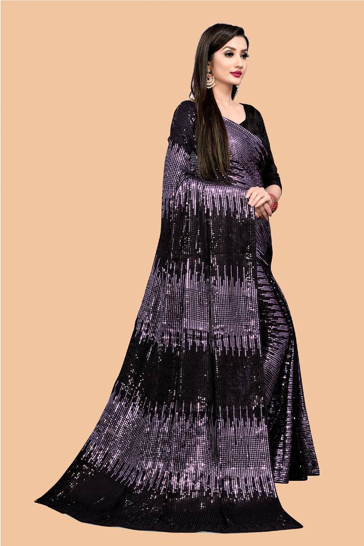 Clemira Purple Color Embellished Georgette Bollywood Saree With Blouse