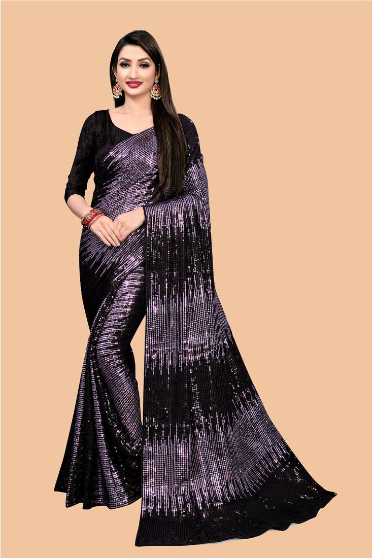 Clemira Purple Color Embellished Georgette Bollywood Saree With Blouse