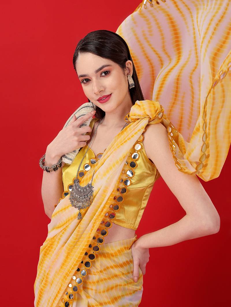 Clemira Yellow Color Embellished Georgette Bollywood Saree With Blouse