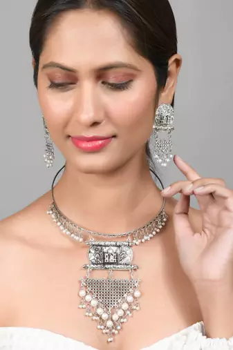 Oxidised silver hasli jewelelry set with long earrings
