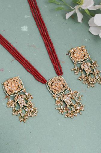 Long layered red beads kundan jadau jewellery set