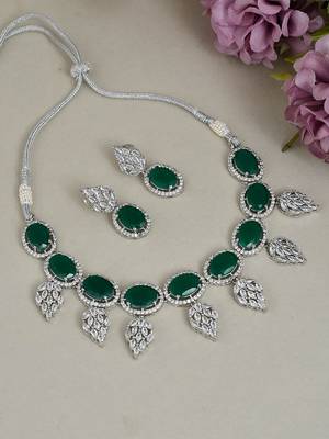 American diamond leaf with green onyx jewellery set 1