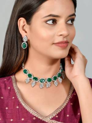American diamond leaf with green onyx jewellery set 2