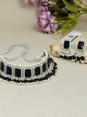 Bridal black ad pearl choker jewellery set 1