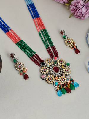 Multicolor layered kundan jadau long jewellery set 1