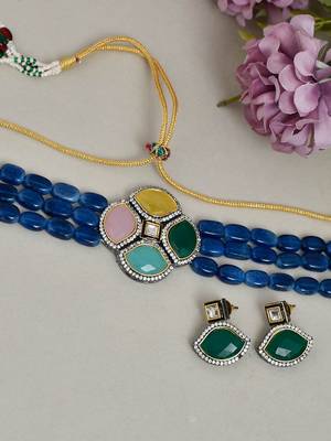 Blue layered choker necklace with multicolor centre 1