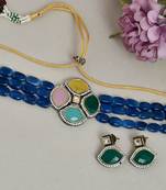 Blue layered choker necklace with multicolor centre