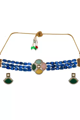 Blue layered choker necklace with multicolor centre