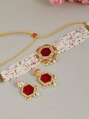 Gold plated engraved red choker jewellery set 1