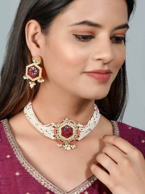 Gold plated engraved red choker jewellery set 2
