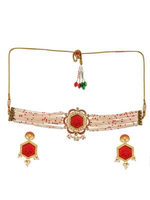 Gold plated engraved red choker jewellery set 3