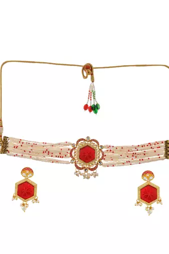 Gold plated engraved red choker jewellery set