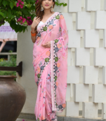 Peach Colour Digital Print Georgette Fabric Heavy Work Saree With Un-Stitched Blouse