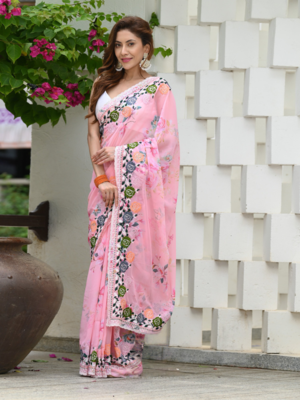 Peach Colour Digital Print Georgette Fabric Heavy Work Saree With Un-Stitched Blouse 3
