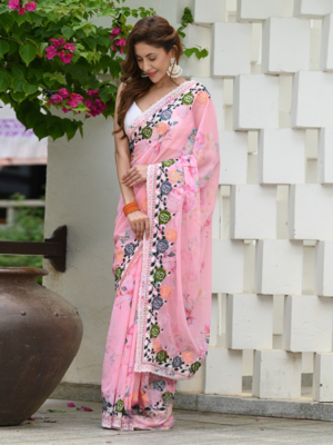 Peach Colour Digital Print Georgette Fabric Heavy Work Saree With Un-Stitched Blouse 4
