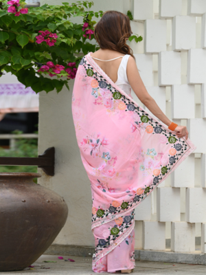 Peach Colour Digital Print Georgette Fabric Heavy Work Saree With Un-Stitched Blouse 5