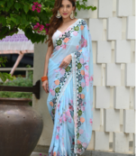 Sky Blue Colour Digital Print Georgette Fabric Heavy Work Saree With Un-Stitched Blouse
