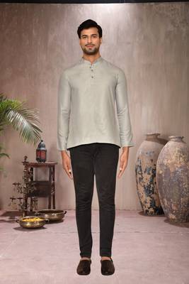 grey cotton short kurta for mens 1