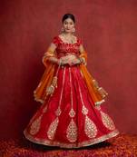 Deep Red and Orange Zari Motif Lehenga