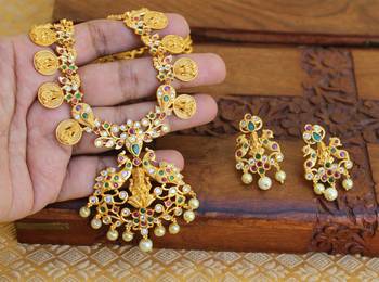 Matte finish peacock lakshmi necklace set 1