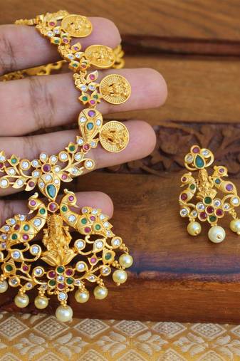 Matte finish peacock lakshmi necklace set