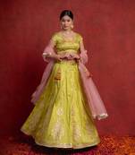 Lime Green and Pink Zari Motif Lehenga