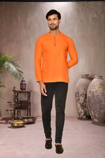 orange cotton short kurta for mens