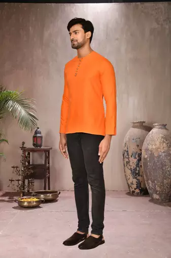 orange cotton short kurta for mens